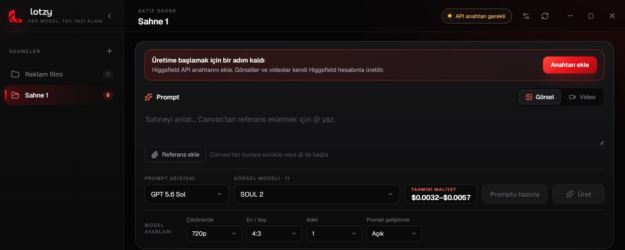 Lotzy ana ekranı: sağ üstte 'API anahtarı gerekli' rozeti, yazı alanının üstünde 'Üretime başlamak için bir adım kaldı' mesajı ve 'Anahtarı ekle' düğmesi.