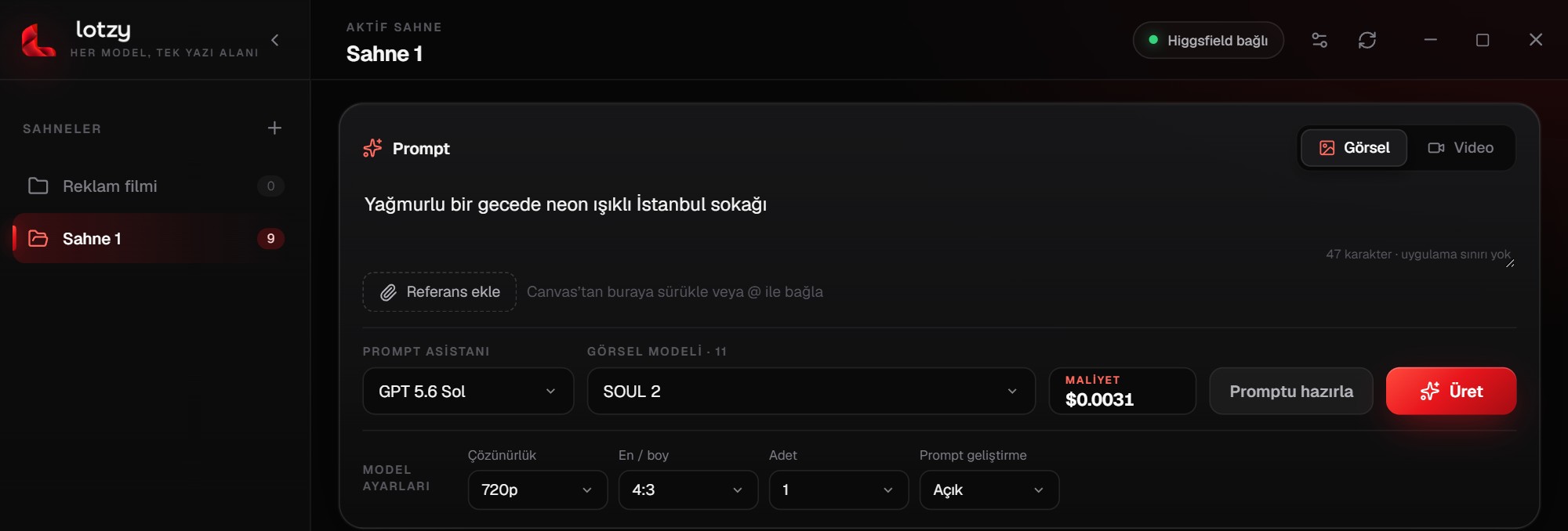 Anahtar eklendikten sonra Lotzy: sağ üstte 'Higgsfield bağlı' rozeti, yazı alanında bir prompt ve aktif Üret düğmesi.