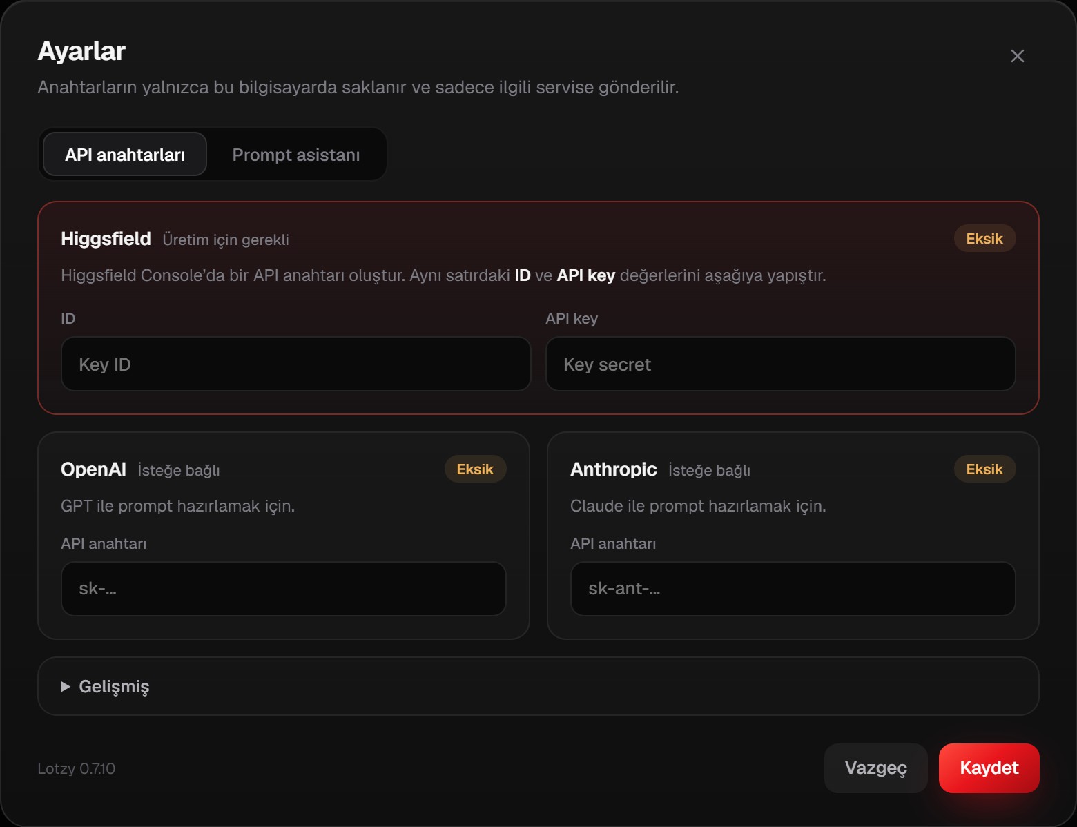 Lotzy Ayarlar penceresi, API anahtarları sekmesi: Higgsfield için ID ve API key alanları, altında isteğe bağlı OpenAI ve Anthropic alanları.